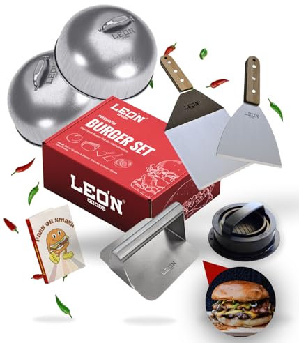 LEÓN Goods® : Smash Burger Set [ Edelstahl ] Das Beste Burger Set - Buchenholzgriff und Edelstahl. Hochwertiges Burger zubehör in der Geschenkbox. Burger Smasher Set + Rezeptbuch (6-TLG.)