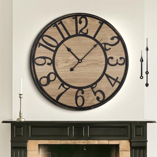 Mee 2ou Large Wall Clock for Living Room Decor, 40cm / 16 Inch Non Ticking Silent, Battery Operated Modern Vintage Wood Oversized Decorative Wall Clock for Bedroom Kitchen Farmhouse Office