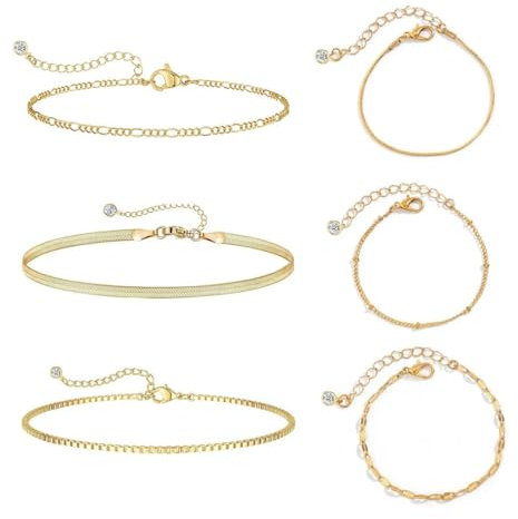 5 Stück Armband Damen Gold, Vergoldet Stapelarmbänder Edelstahl, Italian Charm Bracelet Gold, Figaro Armbänder Verstellbare Armband Set, Gold Schmuck für Damen