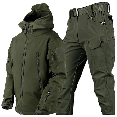 aromm Herren Weiche Shell Kapuze Taktische Jacke & Hosen Anzüge für Outdoor-Angeln Wandern Camping Grün, L