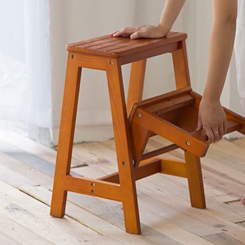Step Stool 2-step Ladder Chair,Wooden Large Steps Stool Ladder Flip Folding Safety Non-Slip Shoe Bench/Flower Rack for Kitchen Bathroom Office