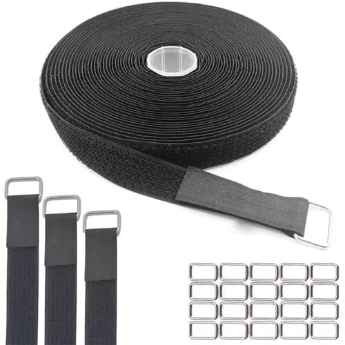 XINFAFUSW 10M Adjustable Cable Straps with 50 Iron Buckles, Black Reusable Cable Ties Heavy Duty,Hook and Loop Tape, Ideal for Home,Office,Garden, Cable Management, and More