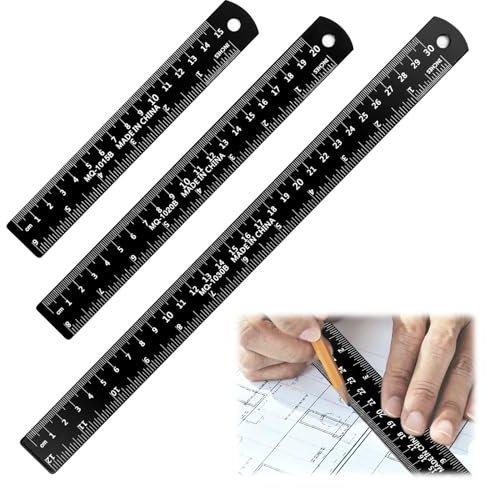 3 Stück Aluminiumlegierung Lineal Set 15cm 20cm 30cm Aus Eisenmetall, Schwarzes Lineal Metalllineal, Kante Messwerkzeug Ruler Umrechnungstabelle Zoll in mm für Kinderstudieren Klassenzimmer Büro