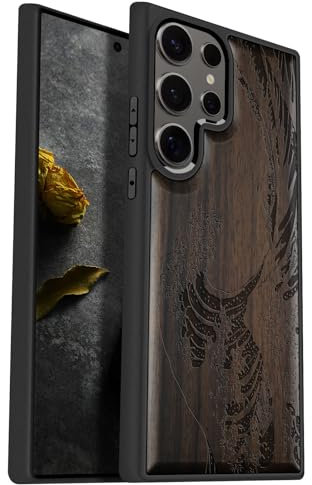 Carveit Natürlich Holz Handyhülle für Samsung S25 Ultra hulle [Einzigartiges Design Cover] Stoßstange Case Kompatibel mit Galaxy S25 Ultra Hülle（Dunklesholz-Die große Welle vor Kanagawa）
