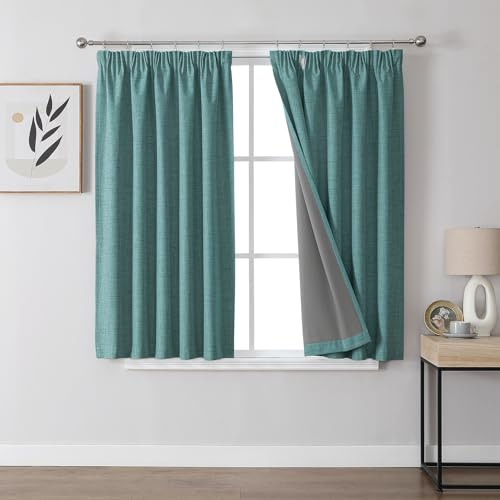 Joydeco 100% Blackout Curtains Bedroom 46 x 54 Inch Drop, Faux Linen Pencil Pleat Thermal Insulated Drapes with Coating Back Layers for Room Darkening Privacy Protection, 2 Panels, Hunter Green