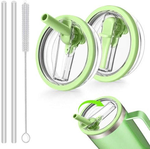 2 PCS Leak-Proof Lids for Stanley Cup 40oz, Stanley Replacement Lid, Tumbler Detachable Flip Straw Lid, Reusable Stanley Cup Lids Leak Proof with 2 Straws and 1 Brush (Green)