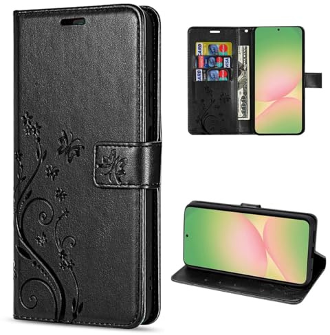 Handyhülle kompatibel mit Samsung Galaxy A56 | Premium PU Leder Handy Hülle Wallet Case | Schutzhülle Blumen Klapphülle | Schwarz