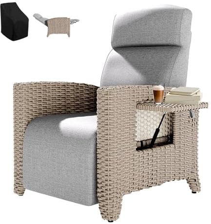 CYHWQ Gartensessel Rattan, Loungesessel Outdoor, Winkel Verstellbar 160°, Integrierter Beistelltisch, Rattansessel mit Abnehmbaren Kissen, Geeignet füR Garten, Pool, Balkon (Braun+Grau, 1pack)