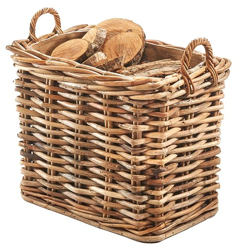 Kobolo Holzkorb für Kaminholz aus Rattan Braun Korb geflochten mit Griffen | 63x42x59 cm Kaminholzkorb Holztrage mit Jutestoff und Tragegriffen für Brennholz Feuerholz als Holzaufbewahrung und Kaminkorb