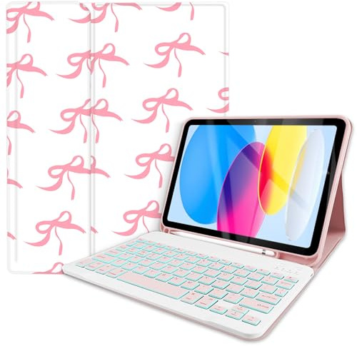 TopPerfekt with Bluetooth Keyboard for iPad 10th Gen 10.9 inch (2022) Case, (A16) 11th/ 10th Gen Case 11''(2025) with 7-Color Backlights, White Bow Cute Chic Adorable with Pencil Holder,Pink-White Bow
