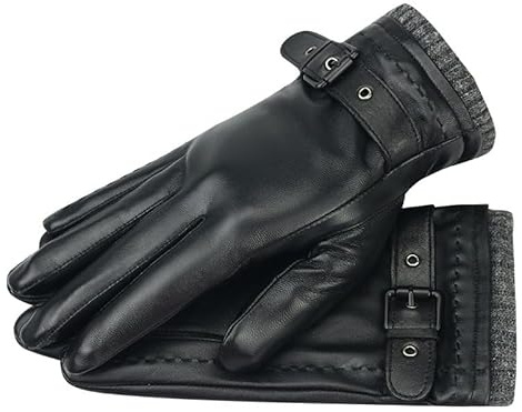 Herren Echtleder Handschuhe Schwarz Fleece Gefüttert Lammfell Handschuhe Touchscreen Kompatibel Weich und Warm zum Radfahren Fahren