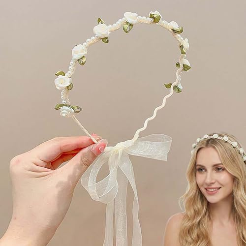 White Rose Floral Headband with Pearls for Women, Bridal Hair Crown | Elegant white rose floral headband with pearls and ribbon for weddings, festivals, photography and special occasions.