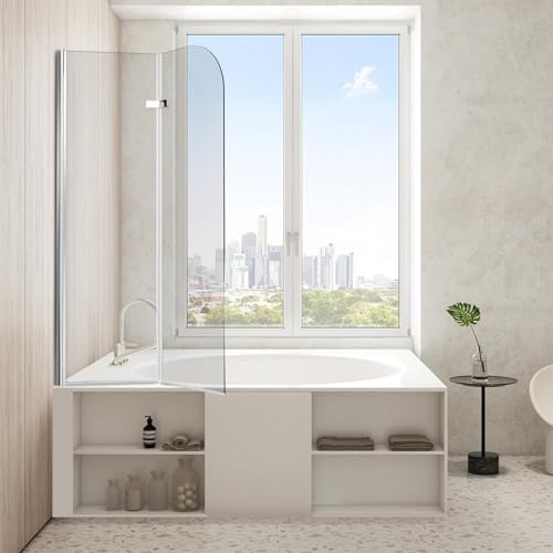 Peviasot Pannello doccia per vasca da bagno, 100 x 140 cm, 2 pezzi, pieghevole, argento trasparente, in vetro di sicurezza ESG da 6 mm, accessorio per vasca da bagno, moderno paraspruzzi, flessibile e