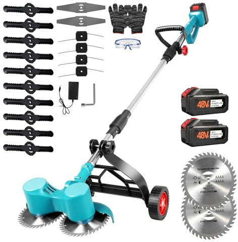Desbrozadora Bateria 800W, Desbrozadoras electrica con 2 x 2400 mAh Baterías, 4 Tipos de Cuchillas, Desbrozadora con Ruedas, Cabeza Orientable 90°, para césped, Malas Hierbas