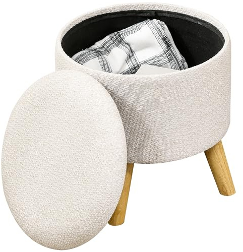 HOMCOM Pouf Rond Repose-Pieds avec Coffre de Rangement Pieds en Bois Crème