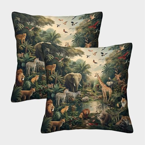 FELASBUID Dschungel Wildtier Szene-Natur Illustration Stil Kissenbezug 2 Stück Verfügbar alle Jahreszeiten Sofakissen Kissenhüllen Dekorative Mit Reißverschluss Wohnzimmer Garten 50x50cm