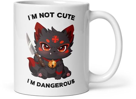 PrintWerkz Anime Keramiktasse in Weiß, 330ml, Kuroko Motiv I'm Not Cute I'm Dangerous, Anime Kitsune Chibi Design