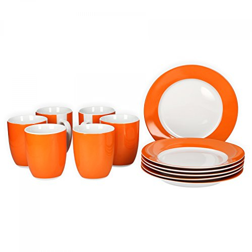 van Well Vario Frühstücksset 12-teilig Kombi-Service 6 Personen - Geschirr-Set Kaffee, Frühstück & Tafel - je 6 kleine, flache Frühstücksteller & Kaffeebecher aus Porzellan - Orange