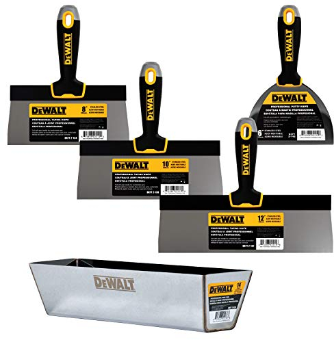 DEWALT Stainless Steel Taping Knife & Mud Pan Set + Free Bonus 6 Soft Grip Putty Knife | 8/10/12 Blades + 14 Mud Pan | Soft Grip Handles | DXTT-3-174