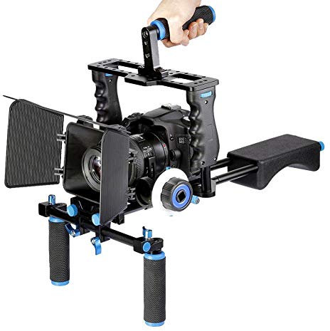 Professionelles Kit für das Erstellen von Filmvideosystemen, Schulterstabilisator für DSLR-Kameras mit Kamerakäfig, Matte Box, Griffstangen und Follow Focus für und