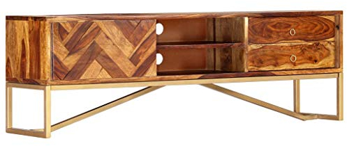 vidaXL Sheesham Mueble TV 2 Cajones + 2 Estantes + 1 Puerta Patrón Espina Pez Madera Maciza Diseño Vintage Retro Módulo Televisión Mesa Baja Televisor