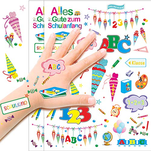 HOWAF Temporäre Tattoos für Kinder, 123 und ABC Zuckertüte Kindertattoos Aufkleber Schuleinführung Schulanfang Einschulung Deko für Junge und Mädchen Kindergeburtstag Mitgebsel Party Spielen