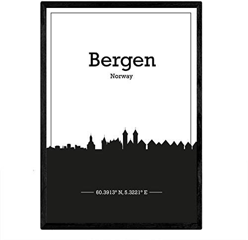 Nacnic Plakat mit Karte von Bergen - Norwegen. Skyline Blätter mit den Städten Nordeuropas mit schwarzen Schatten. A3