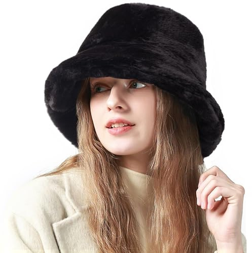 OCTEEN Flauschiger Kunstfell-Hut, warme Wintermütze für Damen und Herren, A Schwarz, Einheitsgröße