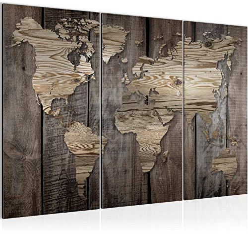 Runa Art Wandbilder Weltkarte Bild XXL Büro Wohnzimmer Beige Braun Holzoptik 120 x 80 cm 3 Teilig 035031b