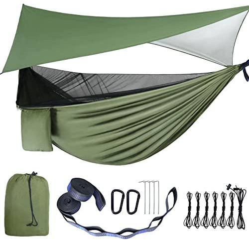 gymolo Camping Hammock - Hammocks with Mosquito Net Tent and Rain Fly Tarp, Portable Single & Double Nylon Parachute Hammock with Heavy Duty Tree Strap, Indoor Outdoor Backpacking Survival Travel