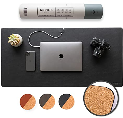 Nordik Kork Leder Schreibtischunterlage Kabelorganizer (Pebble Black 89 x 43 cm) Premium Erweitertes Mauspad für Home Office Zubehör - Rutschfestes veganes Leder Schreibtischunterlage Schutz