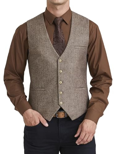 HISDERN Weste Herren Tweed Vintage Westen Braun Fischgrätmuster Wolle Anzugweste für Casual Business Hochzeit L
