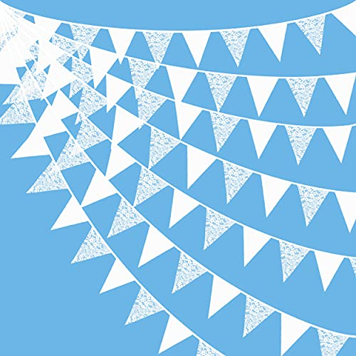 10M/32Ft White Fabric Lace Bunting Banner Party Decorations Cotton Pennant Bunting Triangle Flags Garland for Christmas Wedding Birthday Anniversary Nursery Outdoor Garden Hanging Festivals Parties