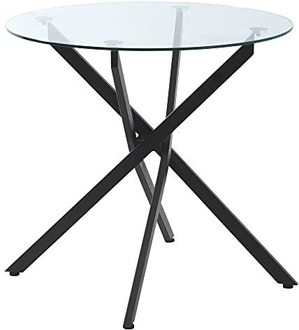 HOMCOM Table Ronde de Salle à Manger Table Ronde de Cuisine en Verre Design Contemporain - Ø 80 x 75H cm - piètement métal Noir arqué - Plateau Verre trempé 7 mm