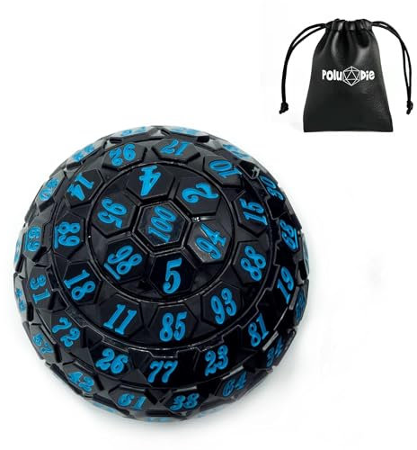 Poludie 100-seitige polyedrische Würfel, einzelner D100-Spielwürfel, 100-seitiger Würfel mit schwarzer Tasche, D100 Würfel 48 mm (schwarz mit blauer Zahl)