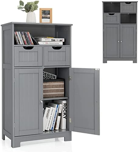 RELAX4LIFE Badezimmerschrank mit höhenverstellbarem Ablage, freistehender Badschrank, Badkommode mit 2 Schubladen & offenem Regalfach & Doppeltür, für Badezimmer & Wohnzimmer & Küche & Flur (Grau)