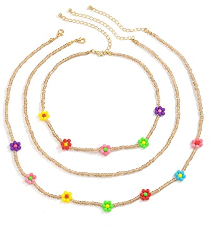 Ayoiow Halsband Damen Schmuck, Damen Kette 3 Reihig Mehrschichtige Kette Halskette Gänseblümchen Perlen für Damen und Mädchen