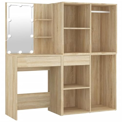 vidaXL LED Schminktisch, Kosmetiktisch mit 2 Schränken Spiegel, Frisiertisch für Schlafzimmer, Schminkkommode Frisierkommode, Sonoma-Eiche Holzwerkstoff