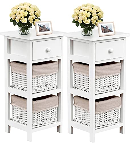 GIANTEX 2er Set Nachttisch Nachtschrank, Nachtkommode mit Schublade & 2 Körben, Korbkommode Antik, Nachttische Nachtkonsole Korbregal Massivholz, Beistellschrank Beistelltisch für Schlafzimmer Weiß