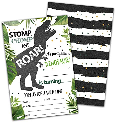 Stomp Chomp Roar Dinosaur Fill-In Birthday Invitation(4 X 6), T-Rex Double-Sided Party Invites-20 Invitations With Envelopes-Party Supplies-A03