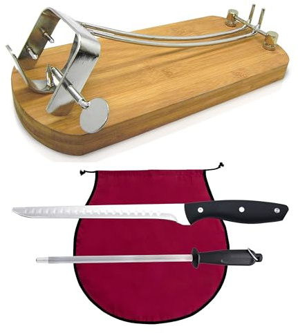Nerthus FIH 1216 set jamonero plegable acero y bambú cuchillo jamonero afilador y funda jamón burdeos para cortar jamón