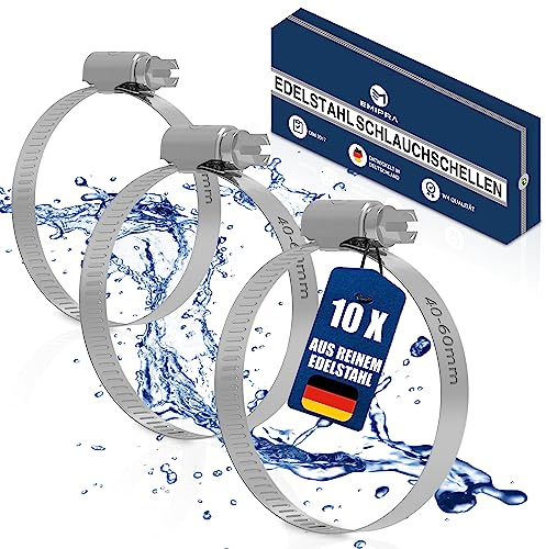 EMIPRA® Schlauchschellen Set [40-60mm, 10 Stk] - optimierte Geometrie für besonders einfache Rotation - Schlauchschellen Edelstahl rostfrei gemäß DIN 3017 W4