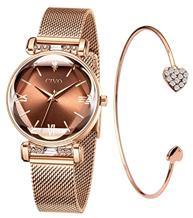 CIVO Damenuhr Set Minimalistisch Armreif Wasserdicht Edelstahl Mode Kleid Elegant Beiläufig Designer Braun