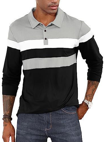 Mens Casual Polo Shirts Long Sleeve Contrast Color Shirt Patchwork Tee Color Block Sports Golf Tennis Tops Classic T Shirt Black M