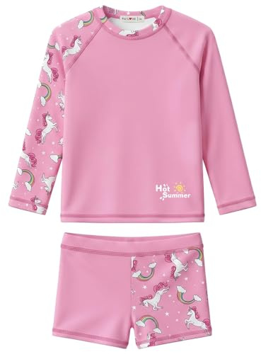 weVSwe Démode Maillot De Bain Girls Boxer À Manches Longues pour Tout-Petits UPF 50+ Protection UV Rash Guard Deux Pièces Arc-en-Ciel Nœud Rose Licorne 12 Ans