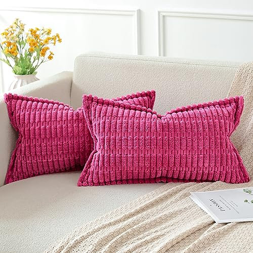 Artscope Hot Pink Cushion Covers Set of 2 Corduroy Decorative Square Striped Pillowcase with Stitched Edge Pillow Covers 30x50cm for Home Decor Sofa Bedroom Car