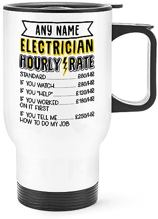 Personalised Electrician Hourly Rate Travel Mug Cup with Handle