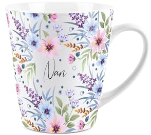 Nan Gift Mug - Blue and Purple Floral Design Small Latte Mug - Ceramic White Tea/Coffee Present Gift