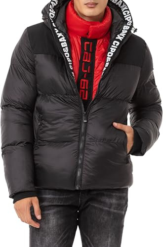 Cipo & Baxx Herren Mantel CM216 Schwarz – Stylische Winterjacke im modernen Design mit warmem Innenfutter, abnehmbarer Kapuze und funktionalen Details für kalte Tage - CM216 Schwarz L