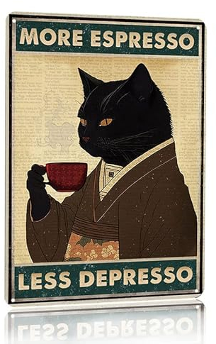 Póster vintage de gato negro con texto en inglés More Espresso Less Depresso, letrero de metal novedoso para el hogar, decoración de arte vintage, pintura de hierro, 8 x 12 pulgadas